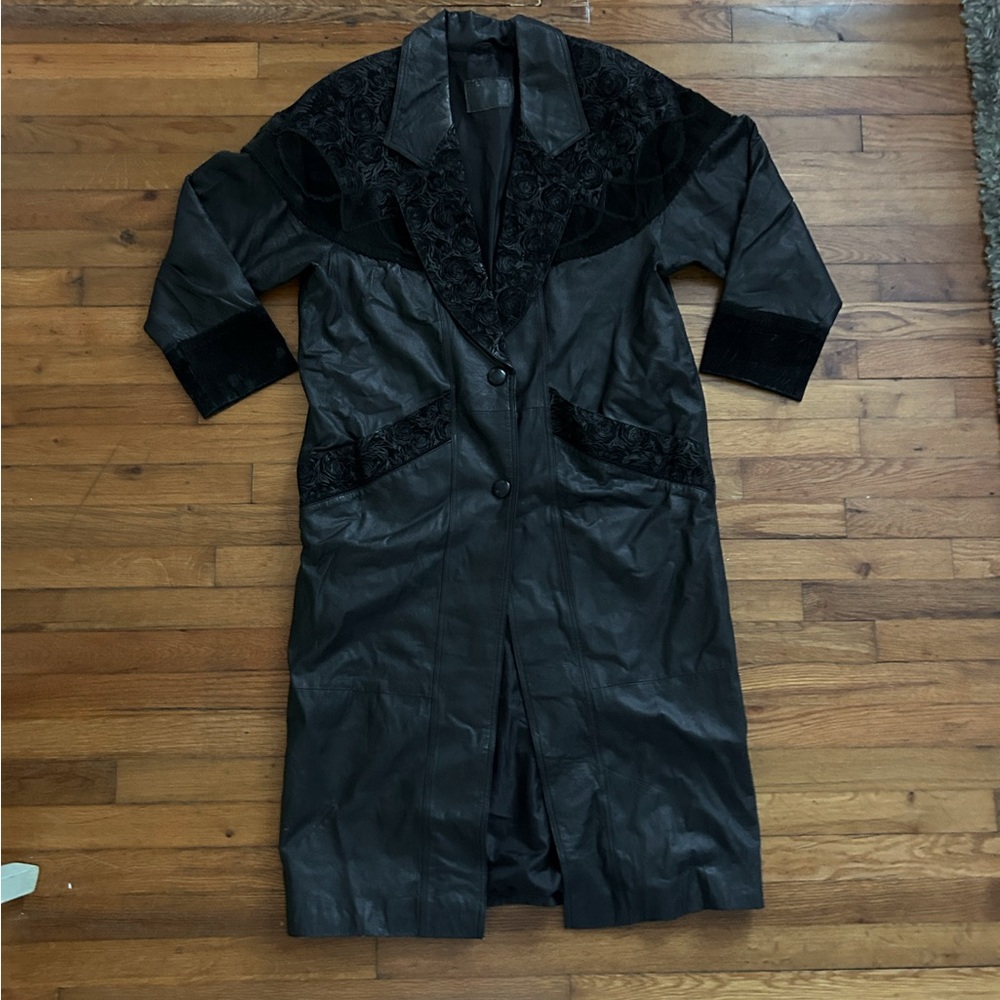 Long Genuine Leather Black Trench Coat #6